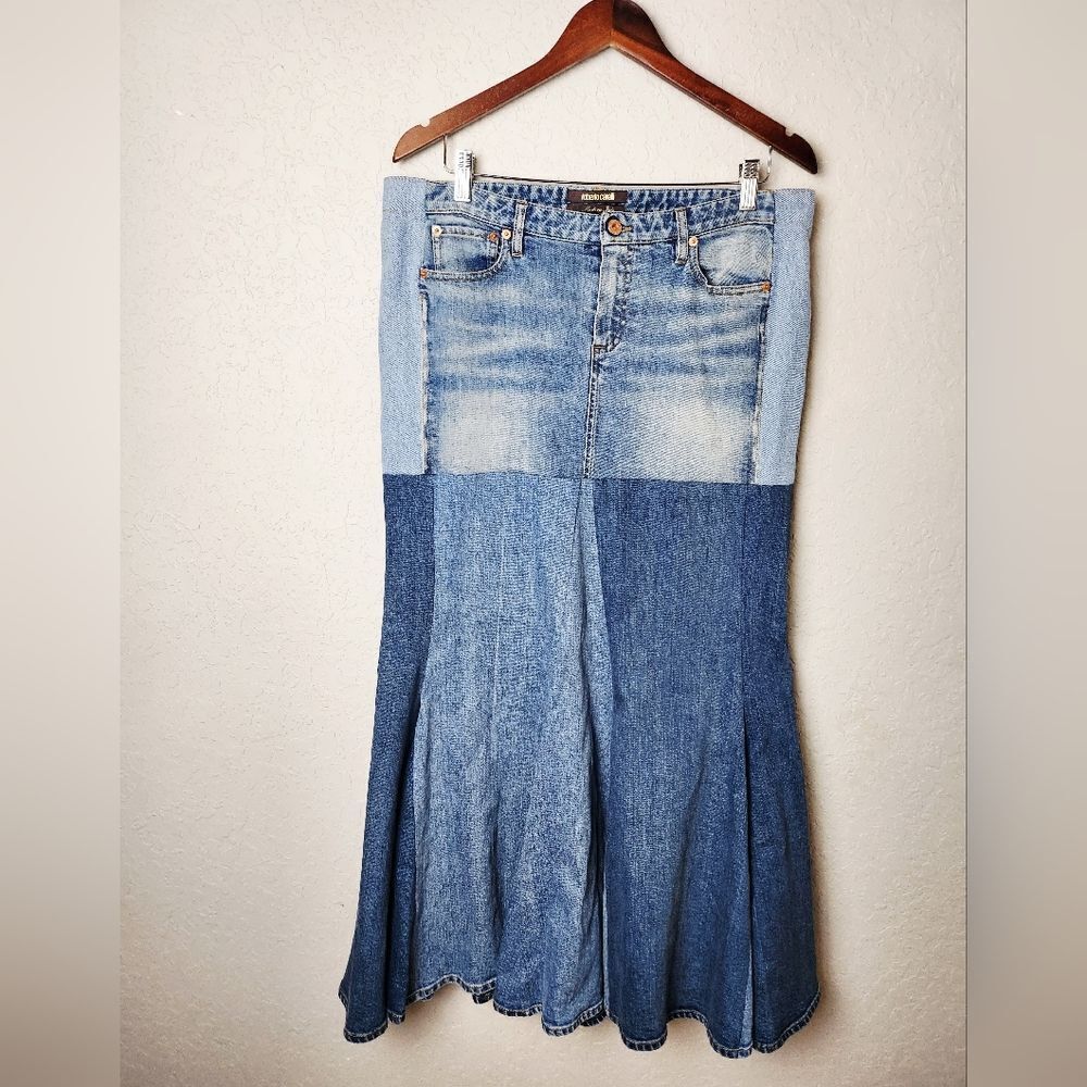 Roberto Cavalli Patchwork Denim Jean Maxi Fishtail Skirt Womens Size 44IT 8US